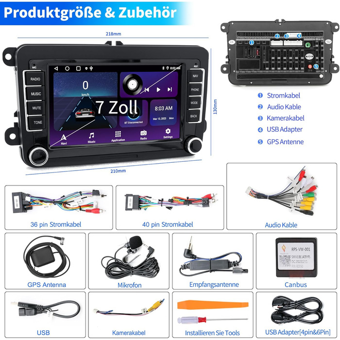 Автомагнітола для VW Passat Golf Polo Caddy Bettle Touran Tiguan Jetta Seat Skoda, система Android 12 2G64G, 7-дюймовий сенсорний екран Carplay Android Auto GPS Navi WiFi Bluetooth FM RDS радіо