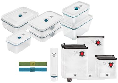 Набір для вакуумного зберігання продуктів ZWILLING Fresh & Save, 16 предметів контейнери, банки та пакети, з ручним вакуумним насосом, блакитно-морський колір