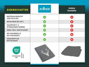 М&39яка ковдра ZOLLNER 150x200 см - Пухнаста та м&39яка двостороння ковдра у двох простих кольорах - Модне плетене обличчя з оленячою головою сірого кольору - Змішана тканина - Можна прати при температурі до 40C - Сертифікована сіра двостороння ковдра Oek