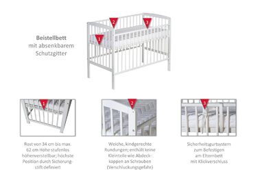 Дитяче ліжечко Micky Plus - Біле - 60120 см - Плавне регулювання висоти 3-в-1 - вкл. боковини та систему ременів безпеки - Ідеально підходить для ліжок Box Spring 124Д x 65Ш x 97В см Box Spring - Біле лаковане одномісне ліжко