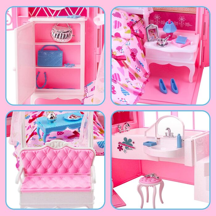 Ляльковий будиночок, Рожева сумка для перенесення Ляльковий будиночок, Складана сімейна іграшка зі спальнею та ванною кімнатою, Портативний ляльковий будиночок заввишки приблизно 46 см з ручкою для перенесення (лялька не входить до комплекту)