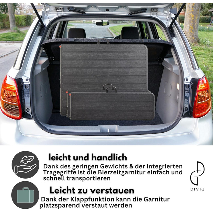 Набір для пивного саду DIVID, 3 предмети Стіл 2 лавки Для використання в приміщенні та на вулиці Складаний з ручками для перенесення ВxШxГ 73x180x75 см Садовий стіл (DIV-200/WOOD Set)