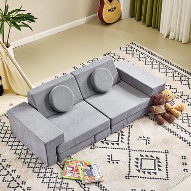 Дитячий диван LALAHO, ігровий диван для дітей, виготовлений з вельвету, складні пінопластові будівельні блоки, дитячий диван та дитяче крісло, універсальний та вільно складаний своїми руками, для дитячої ігрової кімнати, меблі для спальні (сірий)