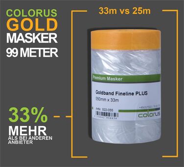 Малярська стрічка Colorus 6 x з захисною плівкою PLUS Goldband Fineline 55 см x 33 м Стійка до ультрафіолету 60 днів, для використання всередині та зовні приміщень Самоклеюча малярська плівка Малярська стрічка з захисною плівкою 6 x 55 см x 3300 см