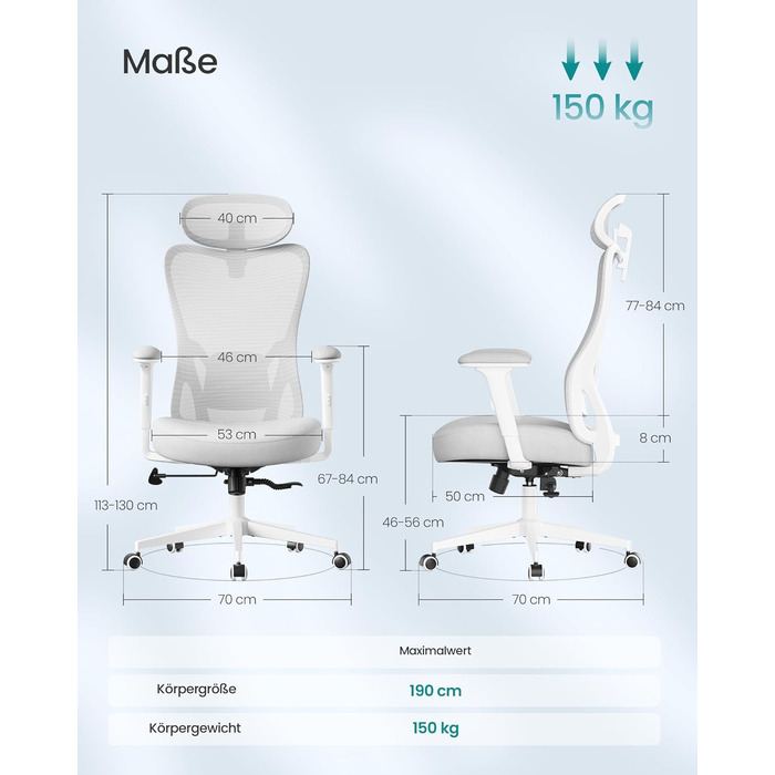 Ергономічне офісне крісло SONGMICS, стілець для роботи, комп&39ютерне крісло, регульований поперековий відділ та підголівник, вантажопідйомність до 150 кг, регульована висота, колір &quotголубий сірий&quot OBN066GD01