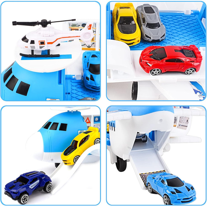 Іграшка deAO Transport Airplane, 19-елементний транспортний вантажний літак з ігровим набором для автомобілів та дорожніми знаками для вертольотів, ігровий набір "Зроби сам" з рампою для дітей віком 2-3 роки, хлопчиків та дівчаток