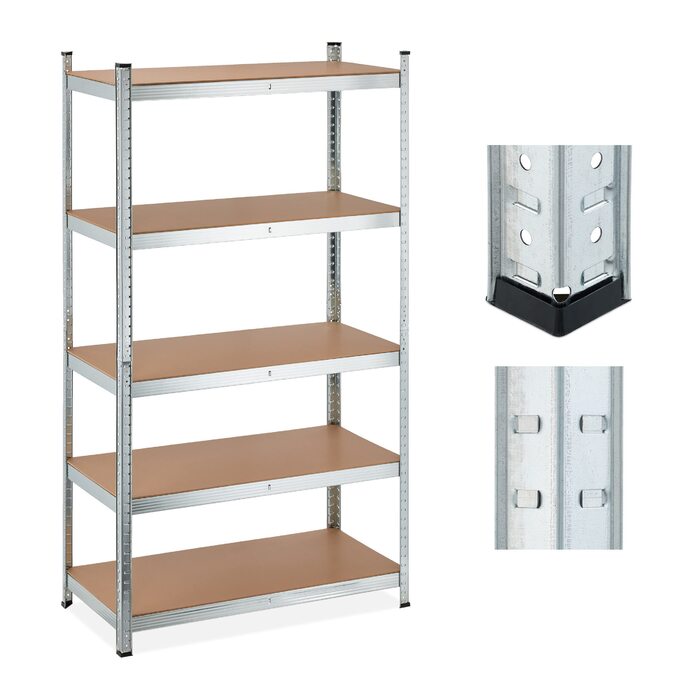 Полиця для зберігання Relaxdays для важких умов експлуатації, 5 ярусів, висота та ширина 180x100x50 см, вантажопідйомність 1250 кг, для підвалу, гаража, металева, срібляста