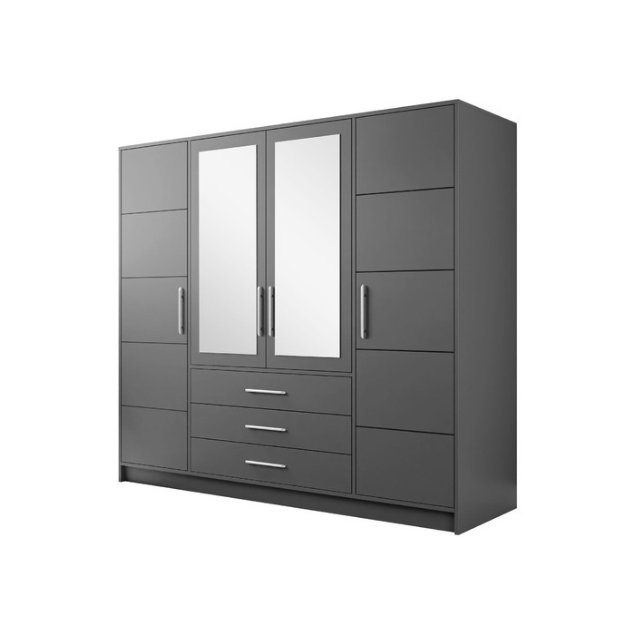 Шафа з орними дверима Bado 4D, шафа з дзеркалом, шухлядами та дзеркальними дверима, елегантна шафа для спальні, молодіжна кімната (графіт)