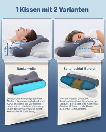 Подушка для шиї, ортопедична подушка 2-в-1 з валиком для шиї, ергономічна подушка з піни з ефектом пам&39яті для сну на боці - подушка для сну для шиї та сну - переможець тесту на подушку для підтримки шиї