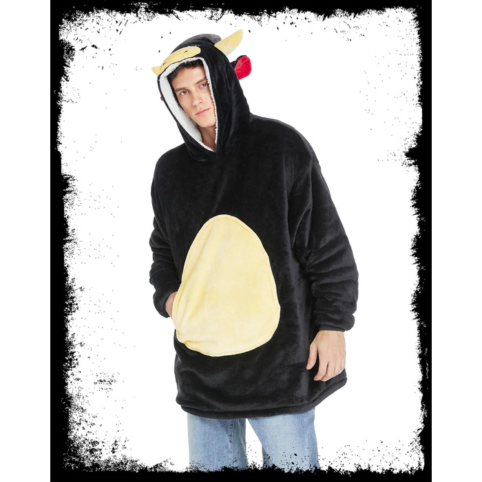 Костюм бика dressfan, худі, карнавальний костюм на Хелловін, тепла м&39яка портативна ковдра з мікрофібри та шерпи з рукавами та капюшоном для жінок та чоловіків, чорний, один розмір