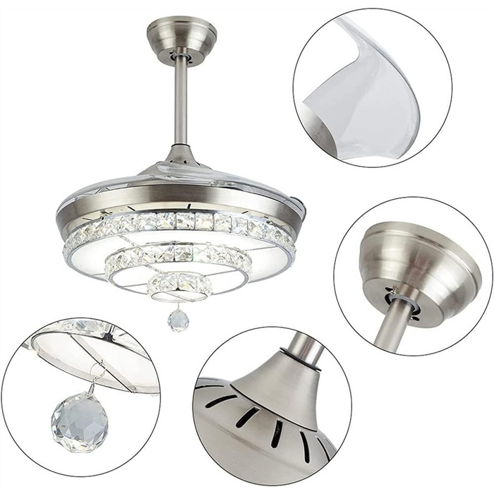 Тихий вентилятор лампа Кришталевий світлодіодний стельовий вентилятор з пультом дистанційного керування висувним невидимим лезом р