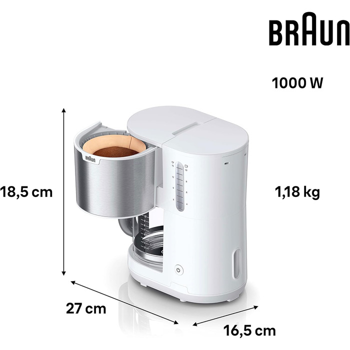 Побутова кавоварка Braun PurShine KF 1500 WH - кавоварка з фільтром зі скляним глечиком на 10 чашок, система OptiBrew, автоматичне вимкнення, 1000 Вт, білий, KF1500WH