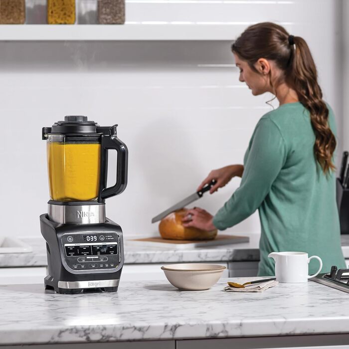Блендер і супниця Ninja Foodi, 10 програм Auto-iQ, скляний глечик 1,7 л, гарячий і холодний блендер, вбудований нагрівальний елемент, тamp, програма очищення та щітка, 1000 Вт, чорний HB150EU
