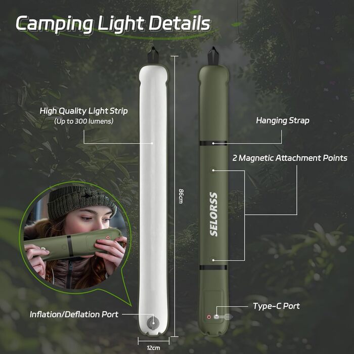 Надувні кемпінгові ліхтарі SELORSS, 86 см, складний телескопічний ліхтар, портативний світлодіодний вуличний ліхтар ємністю 2000 мАг, водонепроникний IP66, з регульованою яскравістю, для кемпінгу, походів, подорожей, фестивалів зелений, один комплект