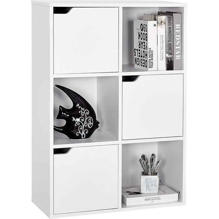 Полиця для зберігання Mondeer, багаторівнева книжкова полиця, дерев&39яна полиця, шафа для книг та DVD-дисків, шість відділень з трьома дверима, біла