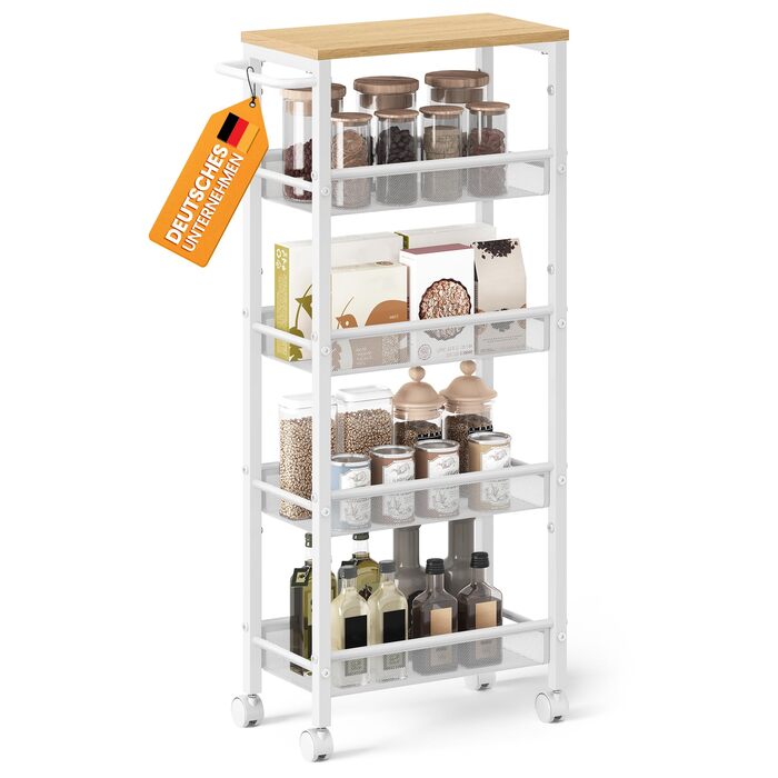 Ярусний візок на колесах, вузький кухонний візок, нішева полиця на колесах, сталь, ручка, для невеликих приміщень, 22 x 45,4 x 99,6 см, кухня, ванна кімната, вітальня, кабінет, дубово-білий LRC035W09 5 ярусів (22 x 45,4 x 99,6 см) дуб білий, 5-