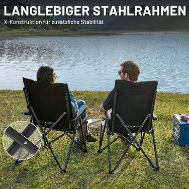 Складаний кемпінговий стілець TIMBER RIDGE, вантажопідйомність 260 кг, регульований у 4 положеннях, м&39який, висока спинка з сумкою для перенесення, кемпінговий стілець, садовий стілець для саду, балкону, кемпера, пікніка, 2 шт. чорного кольору