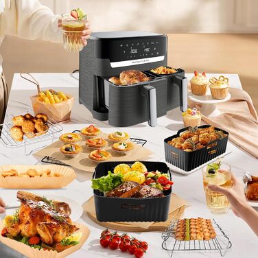Аксесуари для фритюрниці YINGRACE для Tefal EY9018 5.2/3.1 л, Cecotec Cecofry DuoSize 9 л, два розміри подвійних ящиків, 6 шт. із силіконовою формою, решітка для приготування, папір для випічки для фритюрниці