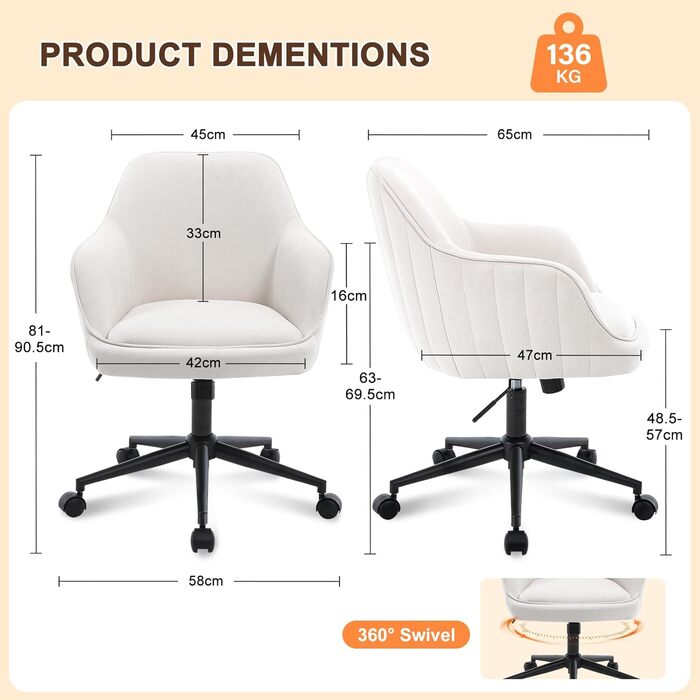 Офісне крісло, для домашнього офісу, оксамитове крісло-туалет, вантажопідйомність до 136 кг, ергономічне, регульоване по висоті обертове крісло, робоче крісло з поворотом на 360, тихі коліщатка, для кабінету, спальні, для домашнього офісу, білий оксамит, 