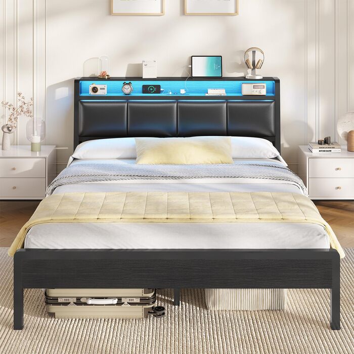 Ліжко 140 x 200, ліжко зі світлодіодним підсвічуванням, м&39яке ліжко 140x200, зарядна станція, каркас ліжка з рейковою основою, для спальні, гостьової кімнати, чорний 140 x 200 см