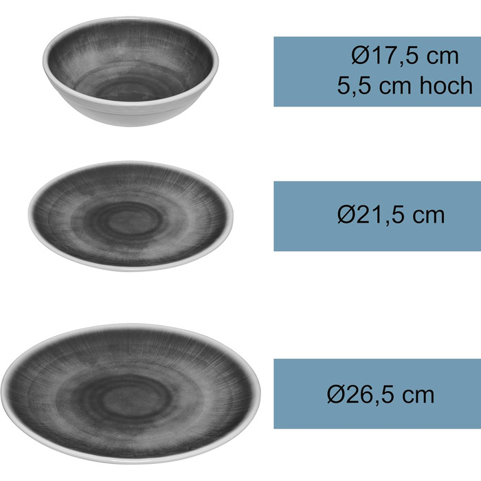 Набір меламінового посуду Jesolo Grey для 4 осіб, вигляд кераміки, можна мити в посудомийній машині, аксесуари для кемпінгу, посуд для каравану, посуд для фестивалів, посуд для пікніка, посуд для садової вечірки, 12 предметів