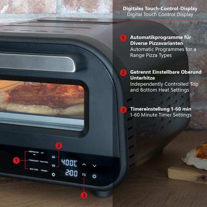 Піч для піци Don Luigi - чорна, електрична духовка, 1,700 Вт, нержавіюча сталь, до 400 C, всього приблизно 2 хв. час випічки, включаючи камінь для піци, шкірку для піци, форму для випічки піци, різак для піци, 68815