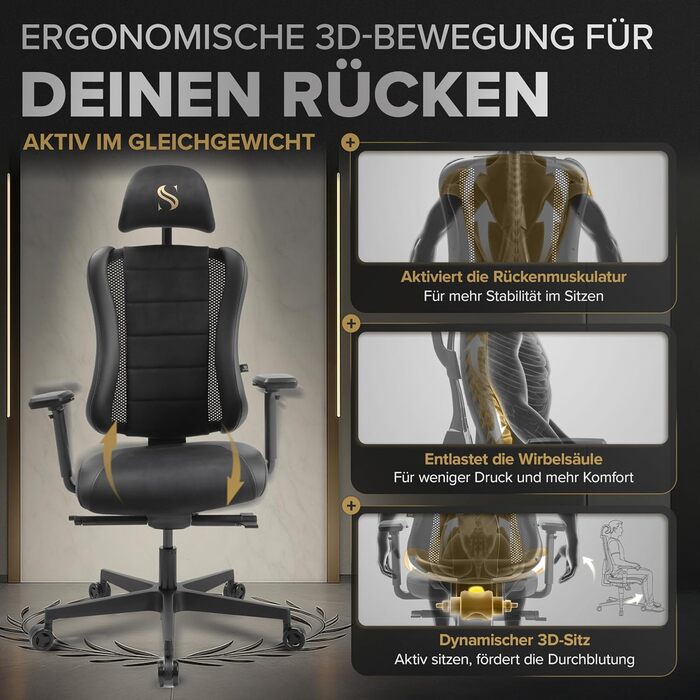 Ергономічне офісне крісло запатентоване 3D-з&39єднання сидіння Робоче крісло, 100 індивідуальне регулювання Ергономічне офісне крісло Комп&39ютерне крісло Обертове крісло, вантажопідйомність 150 кг, чорне Legatus Plus