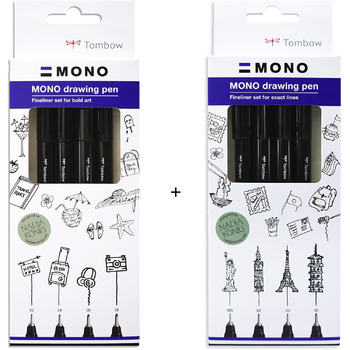 Ручка для малювання Tombow Fineliner MONO, набір Bundle, пігментне чорнило, водо- та світлостійкість, для ескізів, для ілюстрації та малювання, чорна, набір з 8 шт.