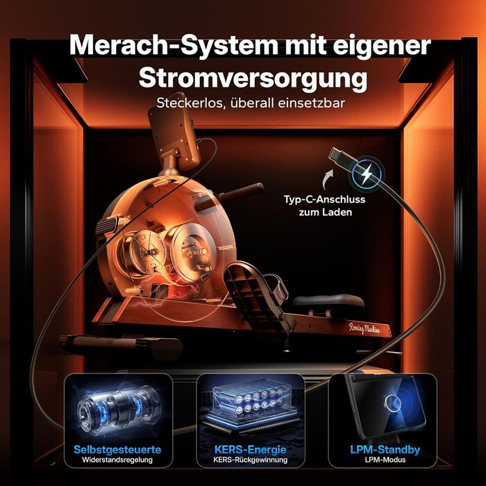 Домашній гребний тренажер MERACH, самогенеруючий, покращений магнітний піковий опір 60 кг, автоматичне регулювання опору, подвійні дерев&39яні рейки, світлодіодний дисплей, професійний (R21)