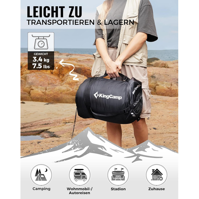 Пуховий спальний мішок KingCamp для дорослих, теплий легкий зимовий спальний мішок від 4C до -20C, 100 бавовняна тканина, 4-сезонний спальний мішок, підходить для кемпінгу та походів, 220x80 см, комфорт 1C / гранична температура -5C / екстремальна темпера