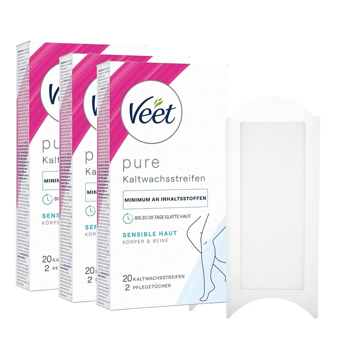 Смужки холодного воску Veet PURE Підходить для чутливої шкіри Використовуйте для ніг і тіла До 4 тижнів гладкої шкіри 3 x 20 холодних воскових смужок (60 шт. )