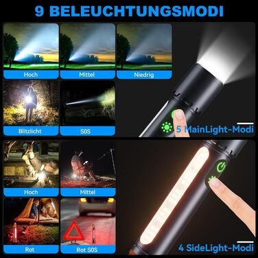 Акумуляторний світлодіодний ліхтарик, 500 000 люмен, 9 режимів, надзвичайно яскравий XHP90.2 із можливістю масштабування та водонепроникний IPX7, потужний ліхтарик для кемпінгу, походів, надзвичайних ситуацій, чорний 1