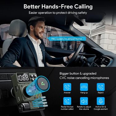 Автомобільний FM-передавач LENCENT Bluetooth 5.3, автомобільний адаптер передавача Bluetooth, підтримка автомобільного зарядного пристрою для прикурювача зі швидкою зарядкою PD30W, гучний зв'язок, Siri Google Assistant