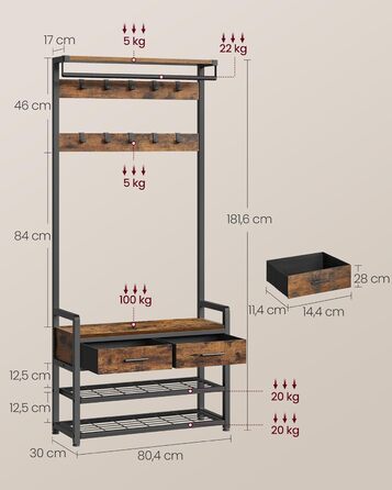 Вішалка для одягу VASAGLE з лавкою для взуття, шафа, місце для зберігання взуття, 2 шухляди для тканини, 10 гачків, 6 бічних гачків, 30 x 80,4 x 181,6 см, вінтажний коричневий-чорний HSR429B01 Вінтажний коричневий, чорнильний