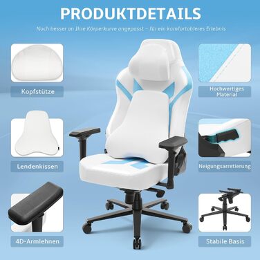 Геймерське крісло, ігрове крісло вантажопідйомністю 200 кг, ергономічне офісне крісло з функцією гойдання, геймерське крісло з підголівником та поперековою опорою, 4D підлокітники, офісне крісло з високою спинкою, ігрове крісло, біло-синє