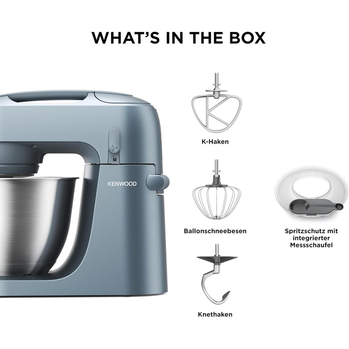 Кухонна машина Kenwood Go KZM35.000GY, компактна, чаша 4 л, K-гак, вінчик, гак для тіста, захисний екран та мірна ложка, металевий корпус з ручкою, 800 Вт, синьо-сіра
