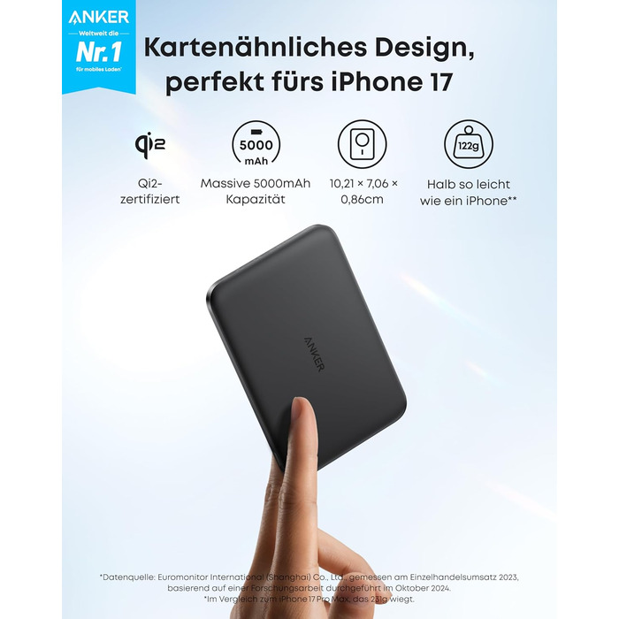 Зовнішній акумулятор Anker Nano, ультратонкий магнітний зовнішній акумулятор ємністю 5000 мАг, сертифікований Qi2, максимальна надшвидка зарядка 15 Вт, сумісний з MagSafe, портативний зарядний пристрій, ергономічний дизайн, для iPhone 17/16/15/14/13, чорн