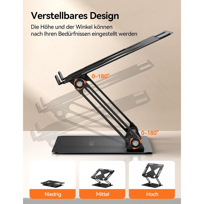 Стійка для ноутбука TECKNET, складана, ергономічна, металева підставка для ноутбука, сумісна з моделями 10-17,3 дюймів, чорна