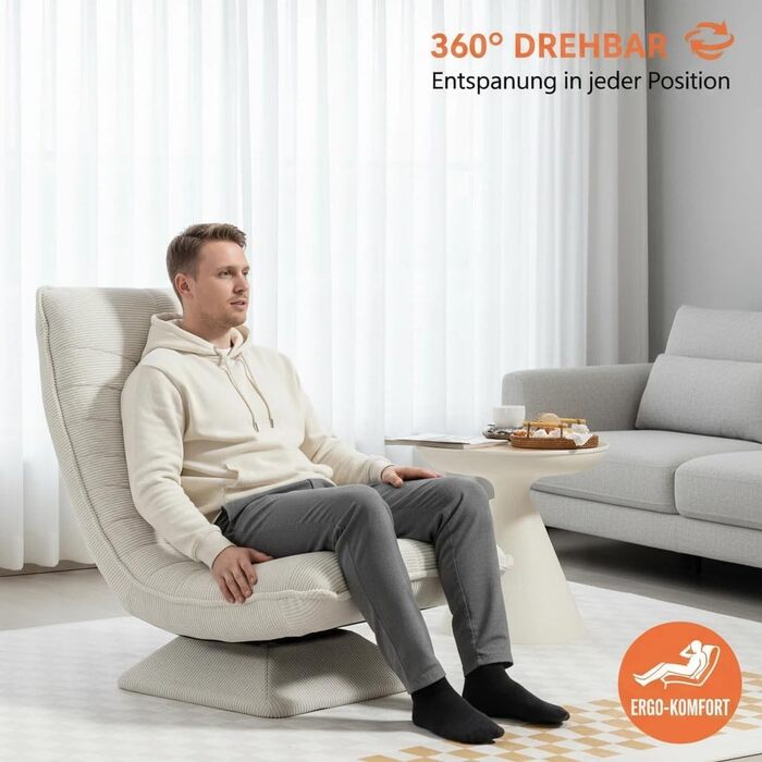 Крісло для вітальні з регульованою спинкою, поворот на 360, зручне вельветове підлогове крісло, не потребує складання, розкладний ігровий підлоговий диван, вантажопідйомність 150 кг, крісло-реклайнер, крісло для читання, бежевий