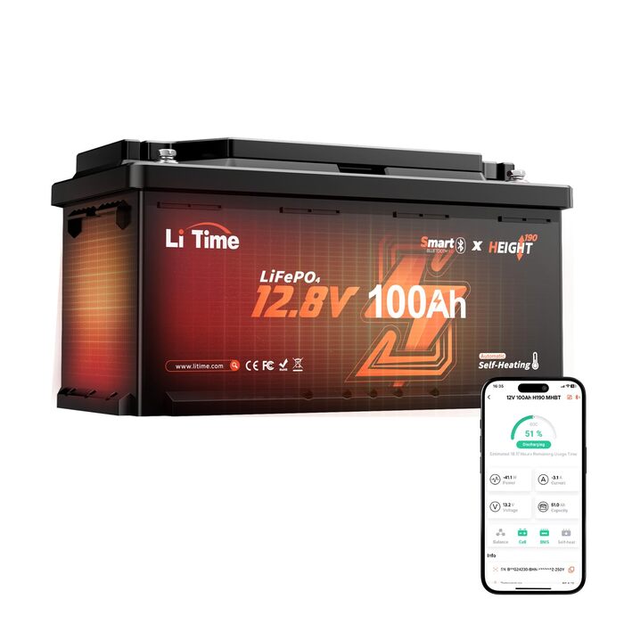 Акумулятор LiTime 12V 100Ah LiFePO4 з Bluetooth, розмір H190, 200A BMS, інтелектуальне нагрівання, 2C розряд, літій-іонний акумулятор 1280 Втгод, макс. 15000 циклів, ідеально підходить для автофургона, розмір DIN H8 L5, для кемпінгу 12V100Ah H190 2C Bluet