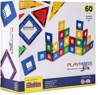 Магнітний конструктор Playmags 3D (60 деталей) набір для будівництва з 30 віконними рамами та 30 вставками STEM-іграшка для розвитку творчості та мозкової діяльності