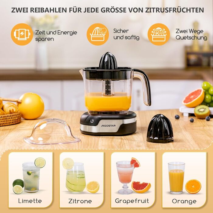Електрична соковижималка для цитрусових, великий об'єм 1,2 л, соковижималка зі світлодіодним робочим підсвічуванням і 2 знімними к