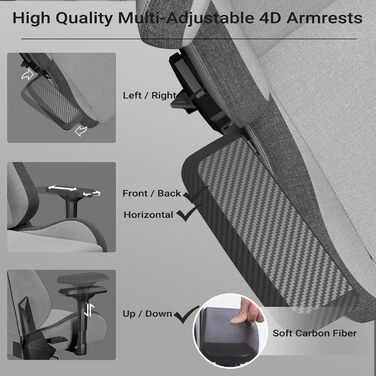 Ергономічне ігрове крісло з підтримкою для голови та попереку Велике офісне крісло світло-сірого кольору Кут нахилу 155 з фіксатором Чохол з повітропроникної тканини світло-сірого та чорного кольорів