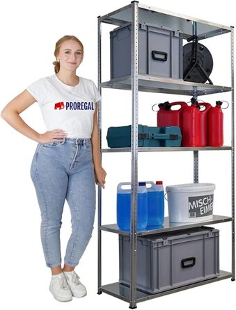 Безригельний стелаж PROREGAL Haldor з металевими полицями, 180 x 90 x 40 см (В x Ш x Г), 5 рівнів, вантажопідйомність полиць 100 кг, оцинкована сталь, металевий стелаж, кухонний стелаж, стелаж для підвалу, стелаж для гаража, стелаж для зберігання, 180 x 9