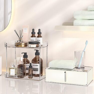 Рівневий органайзер для макіяжу Kousee з шухлядою зберігання косметики, великий органайзер для туалетного столика, місце для зберігання у ванній кімнаті з протиковзким дизайном (кремовий), 3-