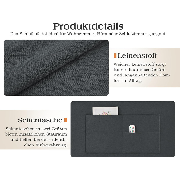 Диван-ліжко 186 x 122 см з 5-позиційним регулюванням спинки, диван-ліжко 3-в-1 з подушками та бічною кишенею, сірий лляний диван для гостьових кімнат та невеликих приміщень
