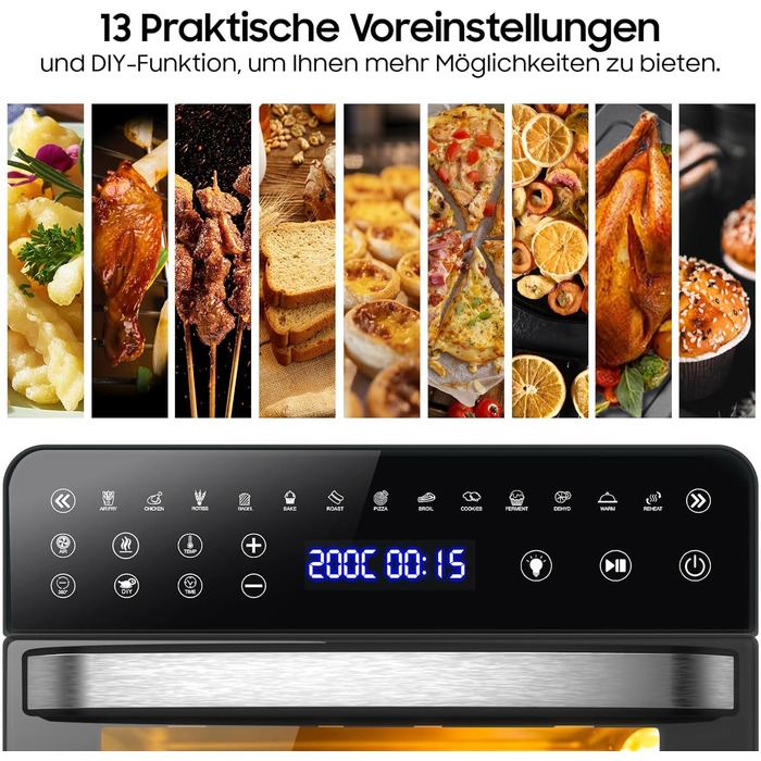 Фритюрниця Iceagle Hot Air Fryer XXL 15 літрів, фритюрниця з 13 програмами, міні-духовка, функція дегідратора, РК-дисплей, з буклетом рецептів та аксесуарами, 1800 Вт 15 л