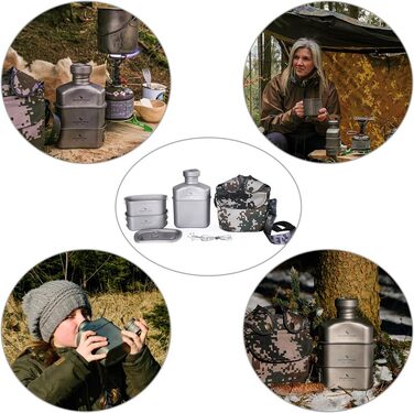 Титанова фляга Boundless Voyage 1100 мл, чашка 750 мл, чашка 400 мл, набір для кемпінгу та відпочинку на природі, військова фляга, пляшка для води, набір для приготування їжі, набір для їдальні, пляшка для води з камуфляжною сумкою Ti2049c-750 мл, 400 мл 