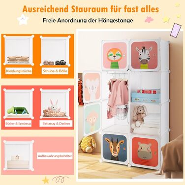 Дитяча шафа COSTWAY, система полиць з 8 кубиками, розширювана дитяча полиця, пластикова шафа для зберігання з дверцятами та вішалками для дитячої кімнати/спальні (біла, 8 кубиків) 8 кубиків білий