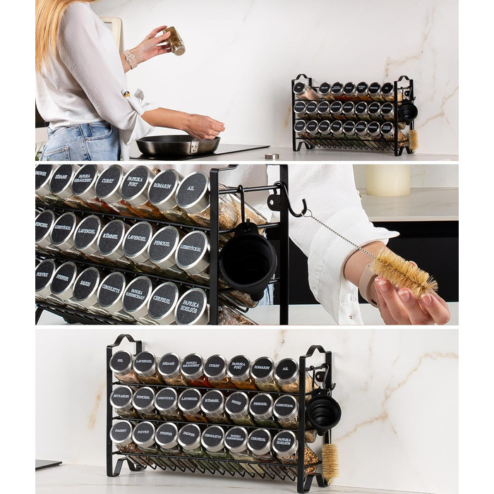 Підставка для спецій Deco haus, настінна та настінна З БАНКАМИ ДЛЯ СПЕЦІЙ ТА ЕТИКЕТКАМИ - Органайзер для спецій - Підставка для спецій - Підвісна система підставок для спецій - Зберігання спецій - Банки для спецій з полицею, чорний колір - Набір з 24 шт.